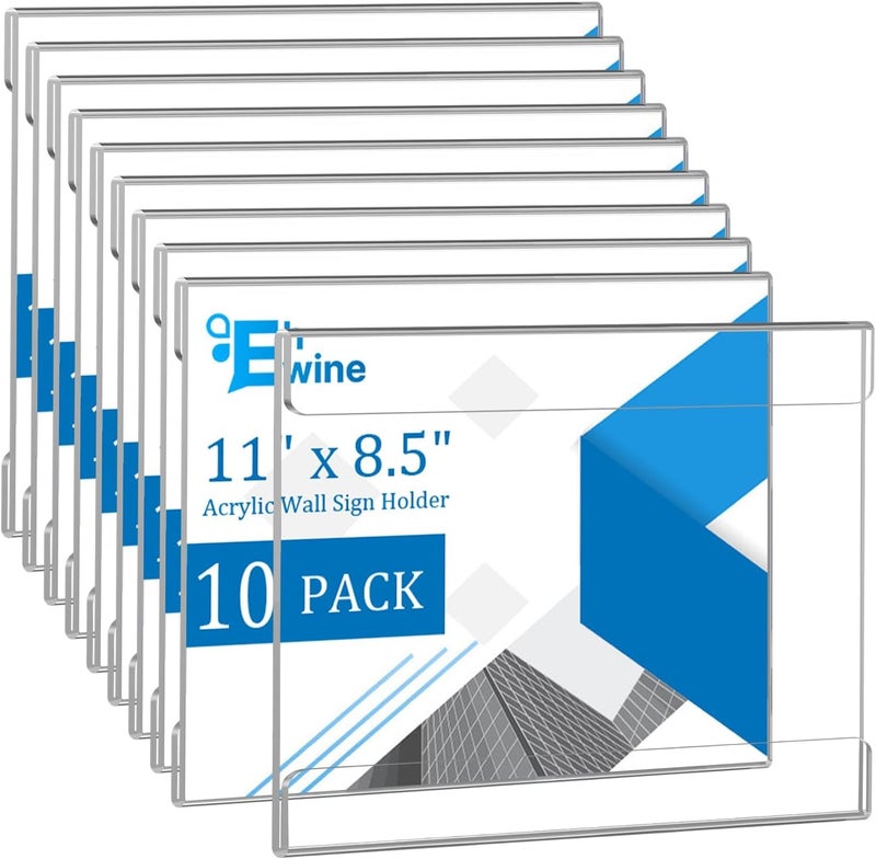 EHWINE 10 Pack 8.5 x 11 Wall Mount Acrylic Sign Holder, Horizontal Wall Signs Photo Menu Flyer Display Holders, Plastic Clear Acrylic Frames for Office Home Hotel Business Store (with Adhesive Tape) - Image 1